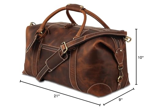 KomalC Leather Travel Duffle Bags for Men and Women Overnight Weekend Bag, Sports Gym Duffel (Dark Tan)