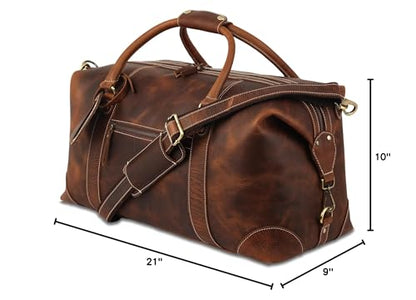 KomalC Leather Travel Duffle Bags for Men and Women Overnight Weekend Bag, Sports Gym Duffel (Dark Tan)