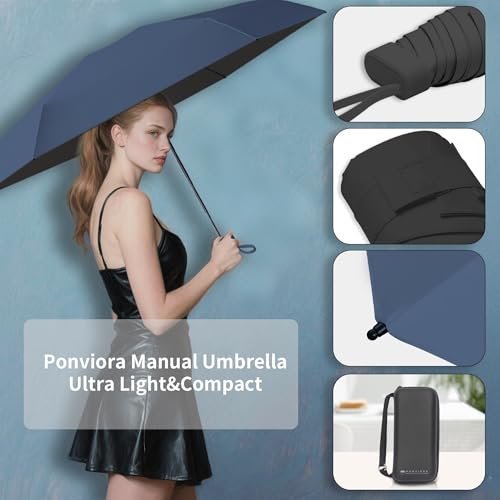 Compact Mini Windproof Travel Umbrella-UPF 50+ Sun & Rain Protection, Small Folding Design Fits in Pocket or Purse, Lightweight Portable with Case for Women, Men & Kids - color: Black+Navy Blue