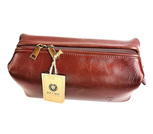 MAN & MANE Premium Leather Toiletry Bag, Cognac Brown