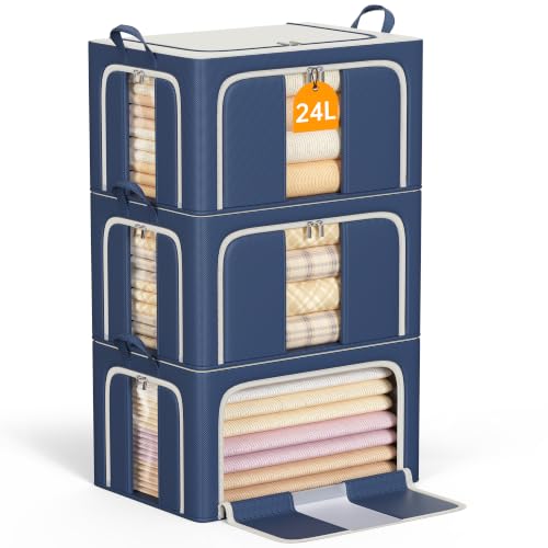 3 Openings Clothes Storage Bins with Metal Frame，24L (navy blue) - color: Navy Blue, size: 24L（15.7“X11.81"X7.87")