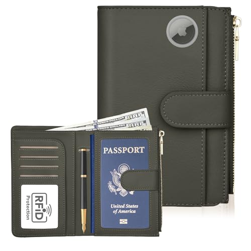 RFID Passport Holder for Travel, Leather Passport Wallet Cover with Airtag | with Airtag Slot, Card Cash Holders, Zippered Coins Pocket, for Women/Men, Gift Box, Travel Essentials, 4.1"L x 1"W x 6.3"H - color: Dark Green