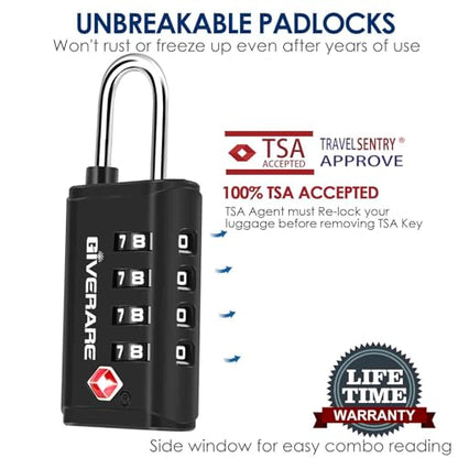 4 Pack TSA Approved Travel Luggage Locks 4-Digit, Open Alert Suitcase Combination Lock, Keyless Zipper Padlocks, TSA Accepted Compatible Padlock for Gym Locker, Golf Bag Case, Anti Theft-Black