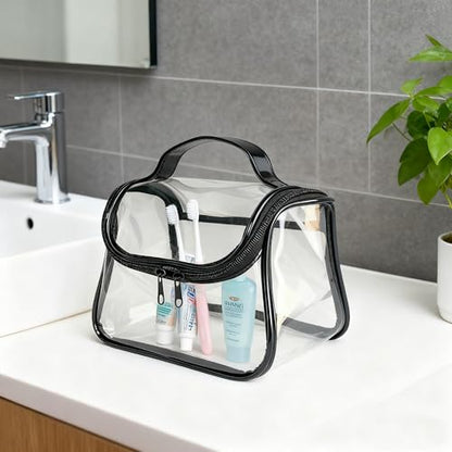Heavy Duty Clear Travel Makeup Bag, 9.05 x 5.9 x 5.51 inches, Transparent Waterproof Toiletry Organizer with Handle PVC Cosmetic Wash Bath Storage Bag (Black) - color: Black