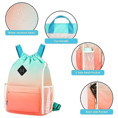 WANDF Drawstring Backpack with Shoe Compartment, Sports Gym Bag - color: L, Red-green Gradient, size: Large