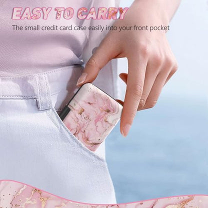 ToLuLu Credit Card Holder, Pink Marble Mini RFID Small Aluminum Card Wallet - color: Pink Marble