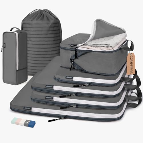 CherryNow 7 Set Compression Travel Packing Cubes for Suitcases, Grey - color: Grey
