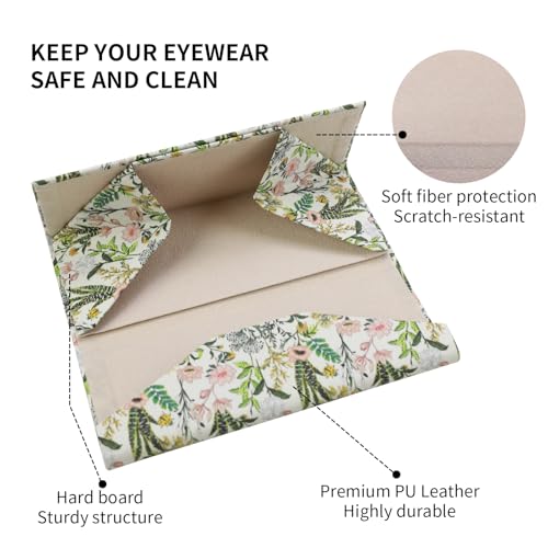 Foldable Glasses Case, Magnetic PU Leahter Sunglasses Case, Cute Hard Shell Folding Eyeglass Cases for Women Kids - color: White Flowering Shrubs