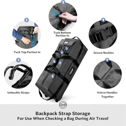 STOVER 45/80/100L Rolling Duffel Bag with Wheels, Large Durable Travel Duffle + Toiletry Bag, Heavy Duty, Packable with Shoulder Straps- Use as Luggage or Backpack, Men/Women (Black) - color: Black