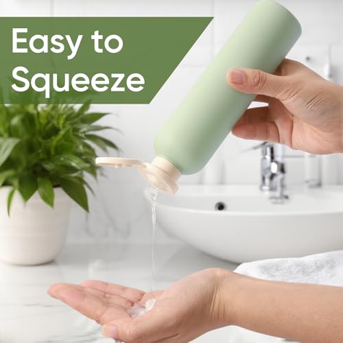 DEMORA 8.8oz Large Travel Bottles for Toiletries, Leak Proof Plastic Travel Squeeze Bottles Refillable Toiletry Containers with Flip Caps and Labels for Shampoo Conditioner Body Wash (Green, 4 Pcs)