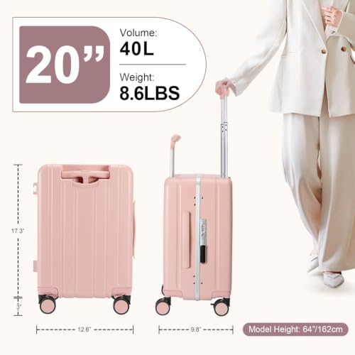 MRPLUM 20" Carry On Luggage Double Handle Suitcase with Net Pocket,Pink - color: Pink