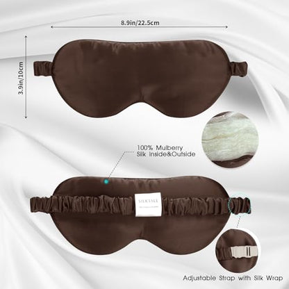 100% Mulberry Silk Eye Mask for Sleeping with Silk Wrapped Adjustable Strap,Brown - color: Brown