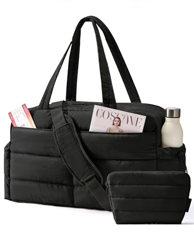 BAGSMART Gym Bag for Women, 2-PC Puffer Travel Duffle Bag Carry On Tote Bag - color: Black