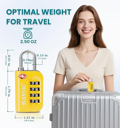 ANVIL TSA Approved Luggage Lock - 4 Digit Combination, 10,000 Combinations, Easy-Read Password Window, Travel Lock for Suitcases, Backpacks, Gym & Student Lockers, Baggage - color: YELLOW 1 PACK