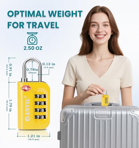 ANVIL TSA Approved Luggage Lock - 4 Digit Combination, 10,000 Combinations, Easy-Read Password Window, Travel Lock for Suitcases, Backpacks, Gym & Student Lockers, Baggage - color: YELLOW 4 PACK
