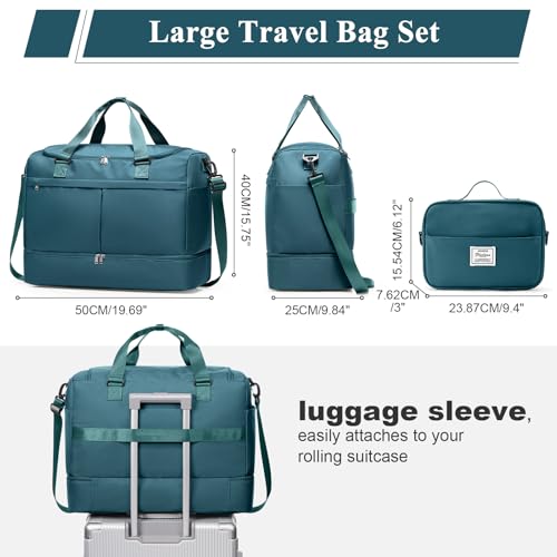 Travel Duffel Bag with Shoe Compartment,Overnight Weekender Bags for Women - color: Peacock Blue with Toiletry Bag