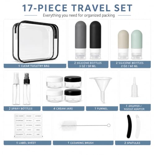 17-Piece Leak Proof Refillable Travel Bottles for Toiletries with Pouch - color: Grey