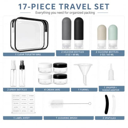 17-Piece Leak Proof Refillable Travel Bottles for Toiletries with Pouch - color: Grey