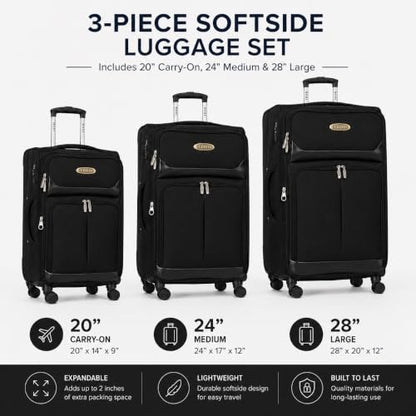 IZOD Ocean 3 Piece Softside Luggage Set with Spinner Wheels - color: Black