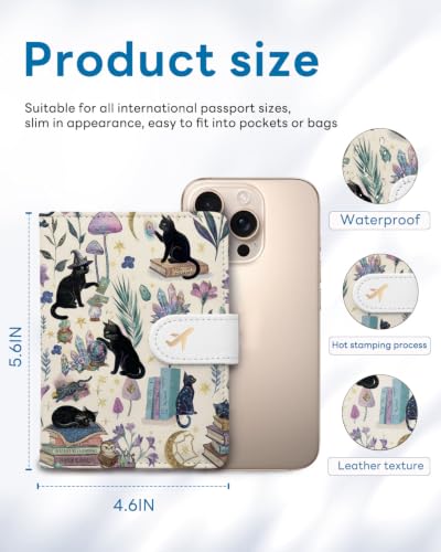 RFID Passport Holder with Tracker Slot, Leather Travel Wallet - color: Magic Cat