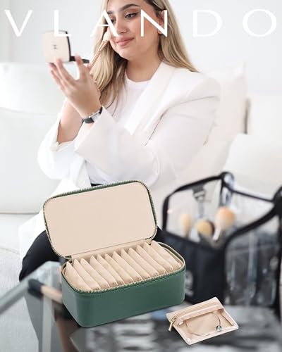 VLANDO Jewelry Boxes for Women with 12 Clear Velvet Zipper Pouches,Green - color: D.12 PCS Green