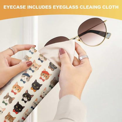 Soft Sunglasses Case for Women, PU Leather Squeeze Top Glasses Case - color: Cute Cats