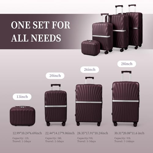 Luggage 4 Piece Set Suitcase with TSA, Airline-Approved Hard Shell Expandable Double Spinner Rolling Wheels Suitcases for Lightweight Travel (Dark Purple, 28in26in20in13in) - color: Dark Purple