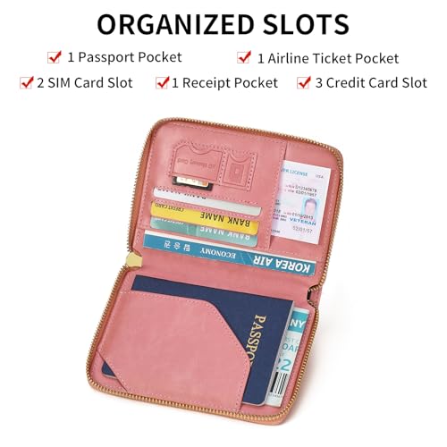 Travel Passport Wallet RFID Blocking Passport Holder-Women and Men with Zippered Ladies Passport Cover - color: H-Light Pink