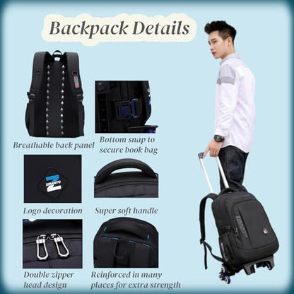 VIDOSCLA Black Kids Boys Rolling Backpack Teens Carry-on Luggage with Wheels Trolly BookBag for School-2 Wheels - color: A1# Black Yellow-2 Wheels, style: A1# 2 Wheels
