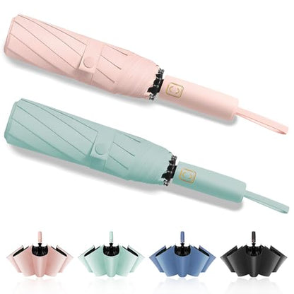 Fogkey 2-Pack Windproof, Waterproof, UV-Blocking Portable Travel Umbrella, Compact Sun & Rain Folding Umbrella, Double Rib Structure, Large Auto Open and Close Car Umbrella - color: PINK+CYAN