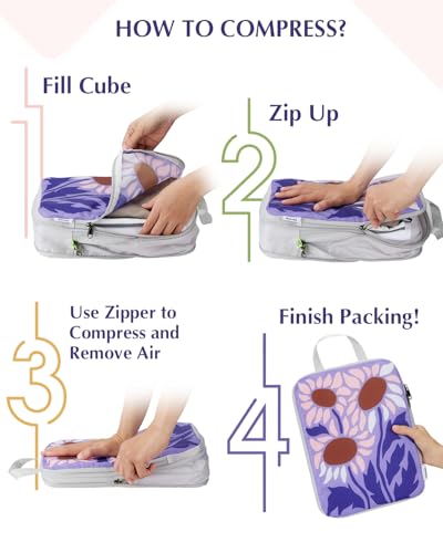 Gonex 6-Piece Compression Packing Cubes with Shoe & Laundry Bags | Floral Pattern, Ripstop Fabric, Double-Zip Compression, Carry-On Friendly, Lightweight - color: Flowers, size: 6 Set