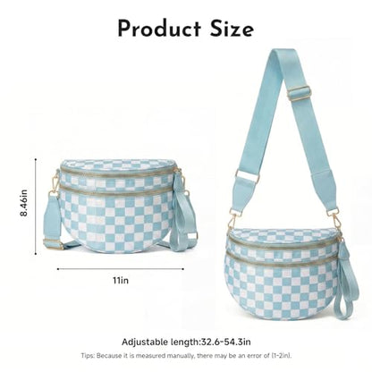Checkerboard Crossbody Bag for Women, Expandable Plaid Belt Bag Nylon Fanny Pack with Multiple Pockets - color: Light Blue Checkered