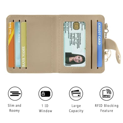 Airkit Small Wallet Women RFID, PU Leather Card Holder with Keychain - color: Khaki