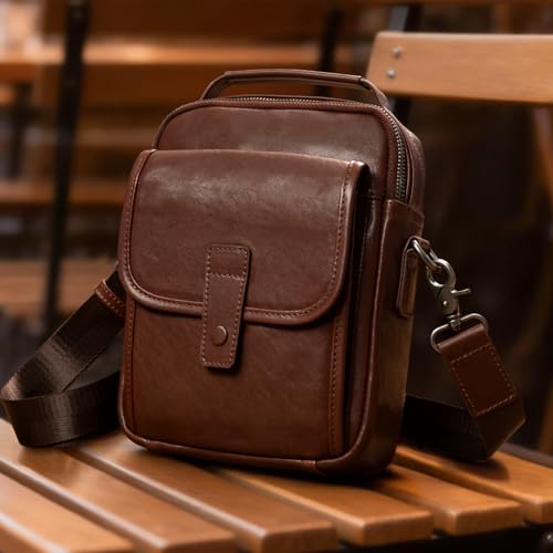 Augus Genuine Leather Small Messenger Bag Purse for Men Crossbody - color: Dark Brown-1