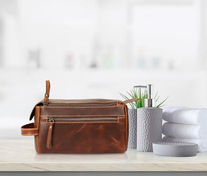 KomalC Buffalo Leather Toiletry Bag for Men & Women, Travel Pouch - color: Distressed Orange Tan