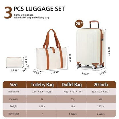 KYME Carry On Luggage Sets 3 Piece 20 Inch Suitcase Set with Duffel Bag - color: Beige, size: 3Pcs Set(DB/TB/20)