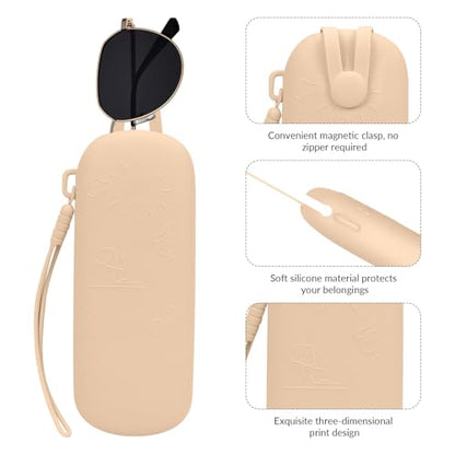 2 Pack Silicone Magnetic Sunglasses Pouch，Portable Makeup Brush Bag with Lanyard， 7.08 * 2.75 Inch (Khaki) - color: Khaki