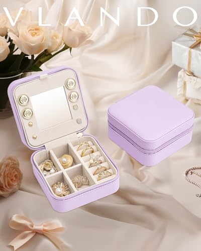 VLANDO Travel Jewelry Case with Mirror, Storage 3 Pairs of Stud Earrings - color: F.Purple - Mirror
