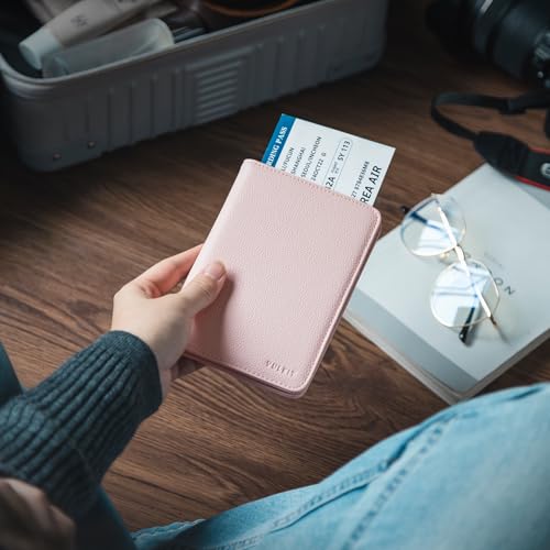 VULKIT Passport Holder Magnetic Closure RFID Blocking Travel Wallet Passport Book Cover Boarding Pass Holder Travel Essentials - color: Grain Pink