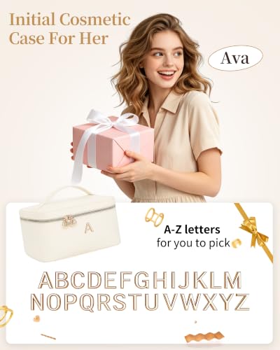 Custom Cosmetic Bag for Women Vacation Weekend Trips & Everyday Use Beige Y | Initial Large Travel Cosmetic Case for Women with Metal Letter Design, Spacious Toiletry Organizer with Divider & Handle - size: Y