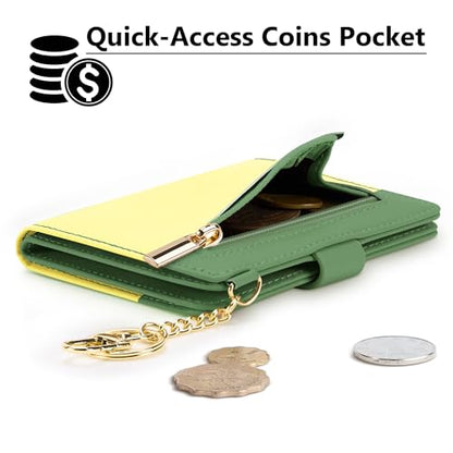 Airkit Small Wallet Women RFID, PU Leather Card Holder with Keychain - color: Light Yellow & Matcha Green