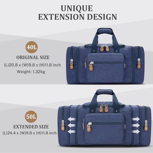 Gonex Canvas Duffle Bag, Expandable 50L Travel Overnight Weekender Bag - color: Blue, size: Large-50L (Without Shoe Compartment)
