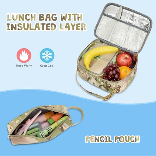ACESAK 3PCS Camo Backpack for Boys with Lunch Box Pencil Case - color: Khaki Camo