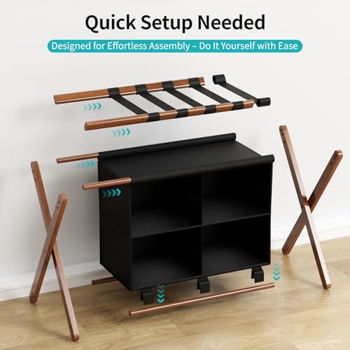 Bamboo Luggage Rack with 4 Storage Compartments, Foldable Suitcase Stand for Guest Room, 150lbs Capacity, Sturdy, Space-Saving and Easy to Assemble Organizer - color: Walnut 1 Pcs