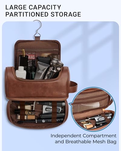 Elviros Toiletry Bag for Men PU Leather Shaving Dopp Kit (Dark Brown) - color: Dark Brown, size: Large (Pack of 1)