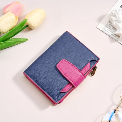 Airkit Small Wallet Women RFID Blocking Vegan Leather Bifold Compact Card Holder Wallet for Women with Zipper Coin Pocket 4 ID Window - color: Colorblock - Blue/Plum Red