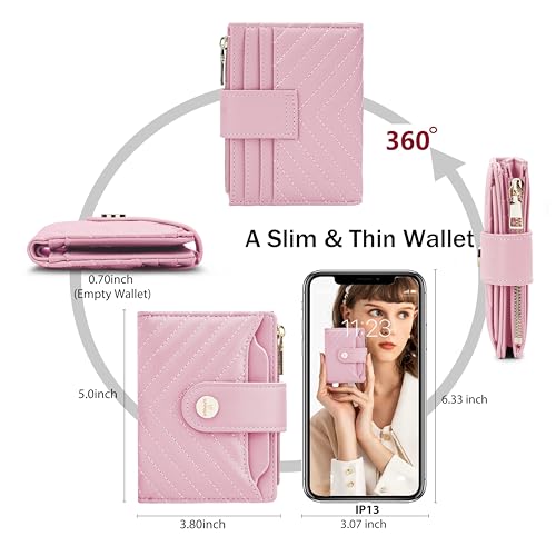 Small Womens RFID Bifold Pink Wallet,Compact Leather Card Holder - color: Pink