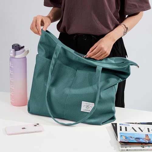 KALIDI Women Corduroy Tote Bag Zipper Casual Tote's Handbag Big Capacity Shoulder Bag with Pockets - color: D-blue