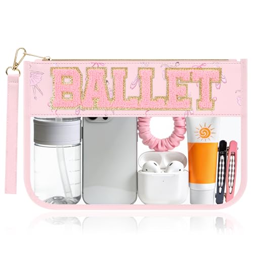 BuyCard Ballet Gifts Cosmetic Makeup Bag with Chenille Letter Patch, Clear Pouch PVC Organizer Purse, Waterproof Travel Bag, Portable Toiletry Storage Bags for Her Girls Friends Women - color: Pink-Ballet