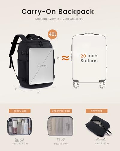 LOVEVOOK Travel Backpack for Women Men, 40L Carry On Travel Backpack - color: Black, size: 40L-4Pcs